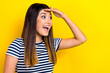 © deagreez - Photo of young unexpected reaction crazy funny vietnamese girl hand forehead surprised empty space view isolated on yellow color background