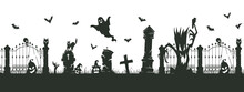 Halloween Creepy Border. Spooky Cemetery Silhouettes, Halloween Decoration With Scary Trees And Gravestones Flat Vector Illustration