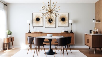 Interior design inspiration of Mid-century Modern Retro style home dining room loveliness decorated with Wood and Metal material and Sputnik Chandelier .Generative AI home interior design .