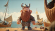 A viking warrior, standing proudly at the sandy beach, with his mighty battle ship. 3D animation character style for illustration. Generative AI