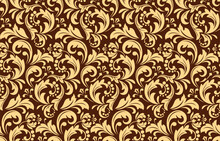 Flower Pattern. Seamless Gold And Brown Ornament. Graphic Vector Background. Ornament For Fabric, Wallpaper, Packaging