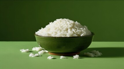 Wall Mural - Bowl of white rice on the green background