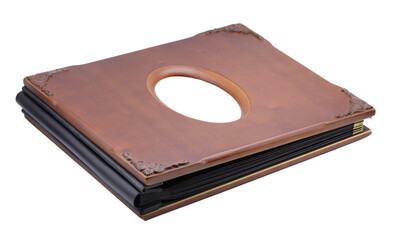 Brown photo book with wooden cover on transparent background (PNG File) 