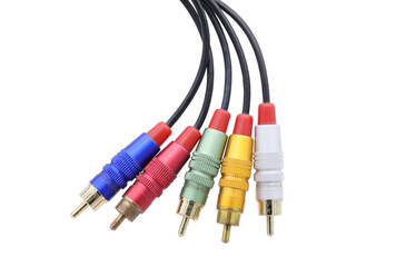 Multicolored AV cable connectors on transparent background.