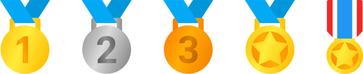 Vector Collection of 1,2,3 champion medals and stars. Gold, silver, bronze