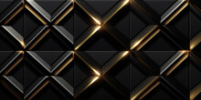 Luxury Abstract Black Metal Background With Golden Light Lines. Dark 3d Geometric Texture Illustration. Bright Grid Pattern. Pure Black Horizontal Banner Wallpaper. Elegant BG. Square Diamond Tiles