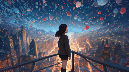 Wall Mural - a beautiful magical wallpaper of an anime girl watching a city from top of a skyscrapper with a lot of balloons on the sky, ai generated image