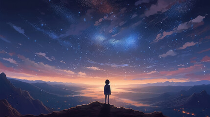 Wall Mural - a wide impressive scifi landscape with a girl standing in front, ai generated image