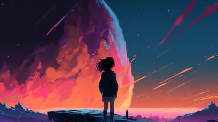 Wall Mural - a brave lonely girl thinking about life in a fantasy world, ai generated image