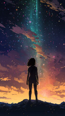 Wall Mural - a realistic inspired anime artwork of a woman standing alone in the middle of nowhere under a sky full of stars, ai generated image