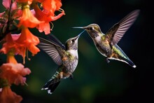 Two Hummingbird Bird With Pink Flower Generative AI