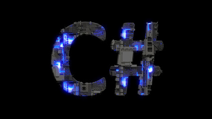 Poster - modern cybernetical text C# shining blue electric light, isolated - object 3D rendering