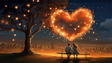 a cute lovely couple sitting on a bench with a giant heart made out of lamps, ai generated image