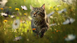 A young cat who goes on a discovery tour in a flower meadow and explores the world (AI generated)