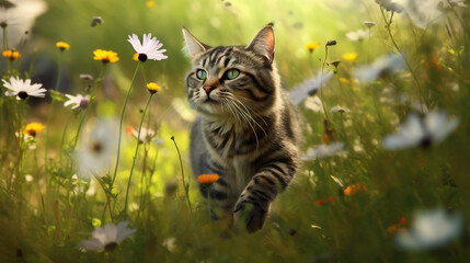 A young cat who goes on a discovery tour in a flower meadow and explores the world (AI generated)