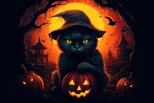 Cute Black Cat With Witch Hat, Halloween Cat With Pumpkin. Generated By AI