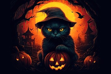 Cute black cat with witch hat, halloween cat with pumpkin. Generated by AI