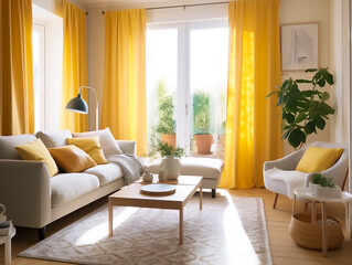 Poster - Living room with soft pillows, Designer cotton rugs, Embroidered curtains, white and yellow interior,Generative AI