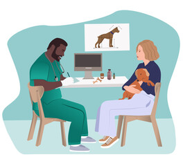 Vet clinic typographic header. Veterinary doctor checking and treating animal. Idea of pet care. Animal medical treatment and vaccination. Vector flat illustration