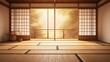 Empty traditional japanese room with tatami mat floor, wood shoji window in sunlight for east asian interior design decoration. generative AI
