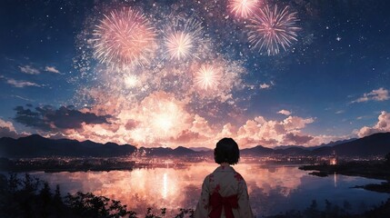  夜空の打ちあげ花火を見る浴衣女性のアニメ風イラスト　generative ai