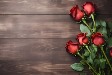 Wall Mural - Red beautiful roses lie on the table, a background on which you can insert the desired text