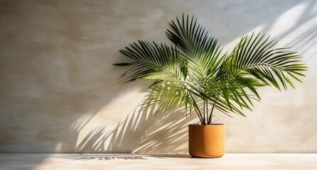 Wall Mural - Gray cement wall and floor, palm tree in vase in a sunlight, shadow, sunrays effect from window, for luxury interior design decoration, product display background, Generative ai