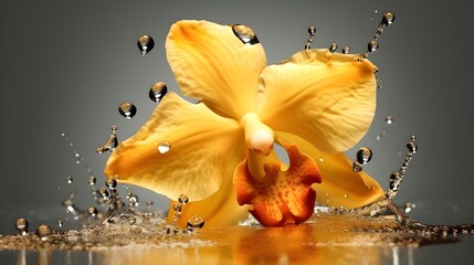 Wall Mural - Close up studio shot of yellow Cattleya orchids flower with some water splash isolated on gray background. Generative AI technology.