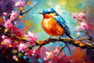 blue orange bird sitting on spring branch acrylic painting. ai generative. canvas texture, brush str