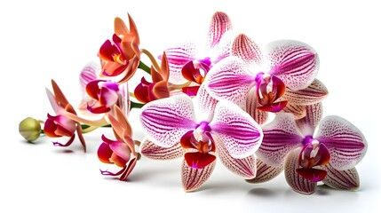 Wall Mural - Close up studio shot of group white purple Moth orchid flowers isolated on white background. Generative AI technology.