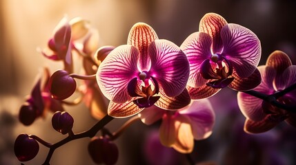 Wall Mural - Close up shot of purple Moth orchid flowers on blurry nature background. Generative AI technology.