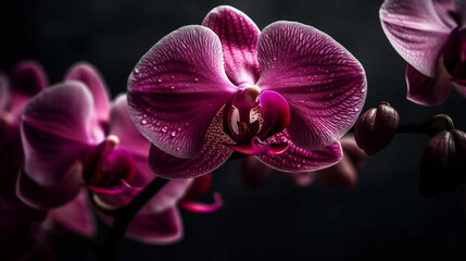 Wall Mural - Close up shot of purple Moth orchid flowers studio shot on dark background. Generative AI technology.