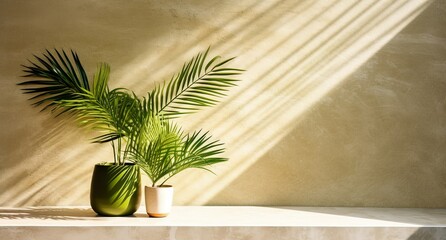 Wall Mural - Palm tree in vase in a sunlight, cement wall and floor, natural shadows design, for luxury interior design decoration, product display background, Generative ai