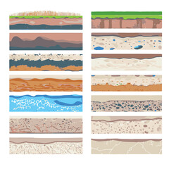 Seamless ground cross sections,layers under earth underground textures set. vector illustrations