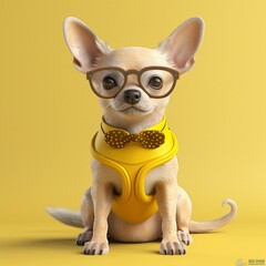 portrait dog background pet chihuahua isolated puppy animal cute glasses yellow. Generative AI.