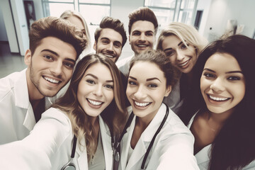 Happy medical students taking selfie in hospital