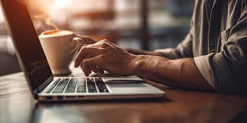 Poster - person using a laptop with coffee in hand generative ai