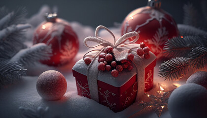 Wall Mural - Christmas gift box with ribbon, christmas gift boxes and red decorations on snow, Generative AI