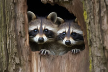 Two Raccoons On Hollow Tree Trunk Hole. Generative Ai