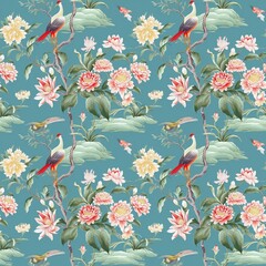 Chinoiserie style wallpaper design, seamless pattern for smooth. continuous look, pastel colors on a blue background create a calm atmosphere, close-up repetition emphasizes intricate design details