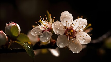 Wall Mural - Beautiful close up a branch of white cherry blossom flowers or Sakura flowers at the tree blurry background. Generative AI technology.