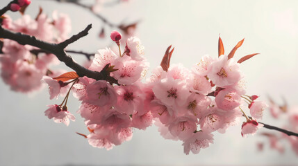 Wall Mural - Beautiful close up a branch of soft pink cherry blossom flowers or Sakura flowers at the tree white sky background. Generative AI technology.