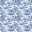 seamless in classic blue and white toile de jouis style, easy to reproduce. easy to use in large scale applications, intricate photorealistic design details stand out