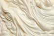 Top view of the texture of the pastry butter cream of milky white color. Texture pattern of dessert cream or beige paint with swirls and strokes. Generative AI photo imitation.