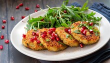 Crab Cake ,Thai Food Spicy Fish Cakes Served With Pomegranate Seeds And Wild Rocket, Arugula Salad .generative Ai.