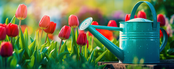 Wall Mural - Vibrant blue sprinkler watering can on summer blooming meadow. Flower gardening banner. Generative AI