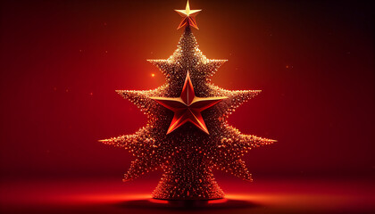 Wall Mural - Christmas tree with stars, Christmas star tree with glitter on a crimson background, Generative AI