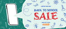 Discount Banner For Back To School Sale. Vector Collage With Cut Out Speech Bubble And Phone With Blank Display, Doodle Elements. Retro Banner Concept For Back To School Sale. Discount Offer.