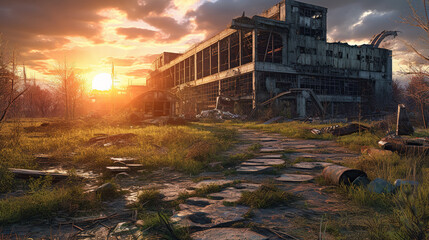 An old ruined industrial building. Overgrown with grass and trees on the background of a beautiful sunset. Generative Ai