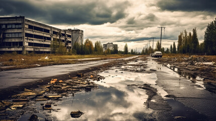 Wall Mural - A broken road with puddles and garbage. Nearby industrial abandoned buildings. Cloudy weather. Generative Ai